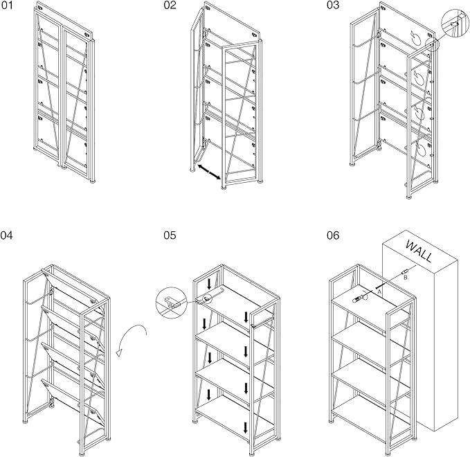 4NM No-Assembly Folding Bookshelf Storage Shelves 4 Tiers Vintage Bookcase Standing Racks Study Organizer Home Office (Natural and White)