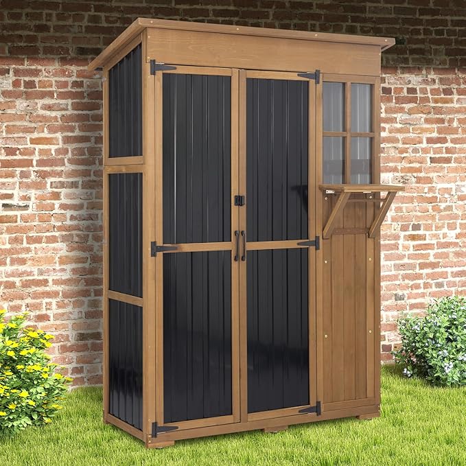 51" L Outdoor Storage Cabinet Waterproof with Shelves, Outside Storage Shed Backyard Tall Cabinet with Fold-Out Table for Patio, Garage, Garden, Pool Accessories Storage