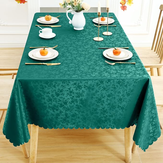 Smiry Rectangle Waterproof Heavy Duty Vinyl Tablecloths, 60 x 102 Inch | Wipeable Washable Floral Embossed Table Cover for Kitchen and Dining Room, Indoor & Outdoor Use, Christmas Green