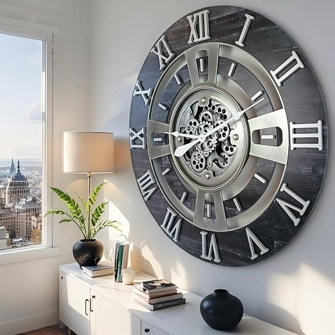 The Gears Clock Real Moving Gear Wall Clock England Line (Vintage Black, 36 inches (90 cm))