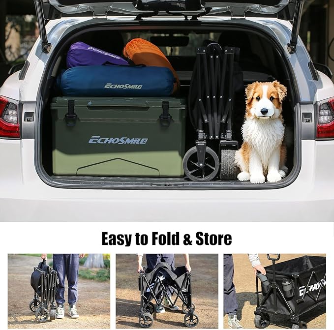 EchoSmile Collapsible Folding Wagon Cart 360lbs, Heavy Duty Garden Utility Cart with All Terrain Wheels, Large Capacity Outdoor Wagon for Camping, Beach, Shopping, Picnic (Black)