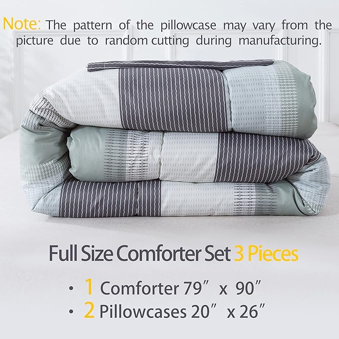 Andency Stripe Comforter Set Full Size (79x90 Inch), 3 Pieces Mint Green Patchwork Striped Comforter, Soft Microfiber Down Alternative Comforter Bedding Set with Corner Loops