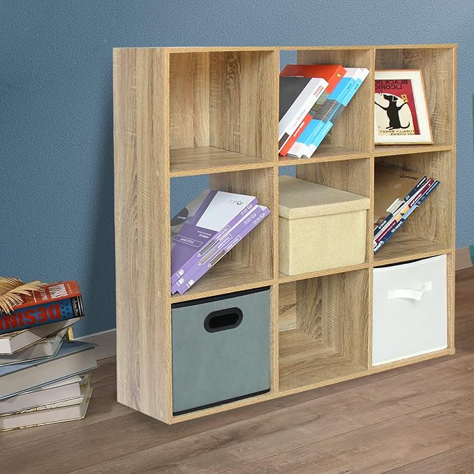 PACHIRA US 9 Cube Storage Bookcase, Unit Shelf, Wooden Closet Cabinet, Bookshelf File Organizer Rack in Living Room, Bedroom, Study, each cube 28.5 cm,Oak