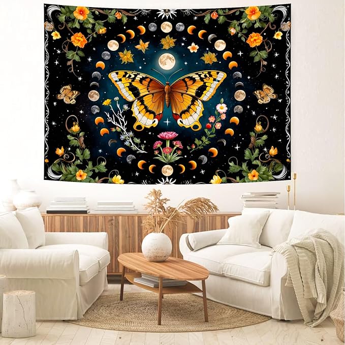 Delur Butterfly Moon Flower Tapestry Botanical Floral Plant Boho Tapestry Wall Hanging Mandala Aesthetic Mushroom Retro Vintage Headboard for Bedroom Living Room Home Decor (59.1" x 78.7")