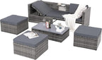 Modular Rattan Outdoor Sectional Furniture, Wicker Conversation Patio Sets with Plywood Coffee Table and Lounger Sofa for Backyard, Dc-Dark Gray