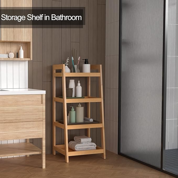 Bamboo Bookshelf, 4 Tier Ladder Shelf, Freestanding Storage Shelf Rack for Bathroom, Kitchen, Living Room