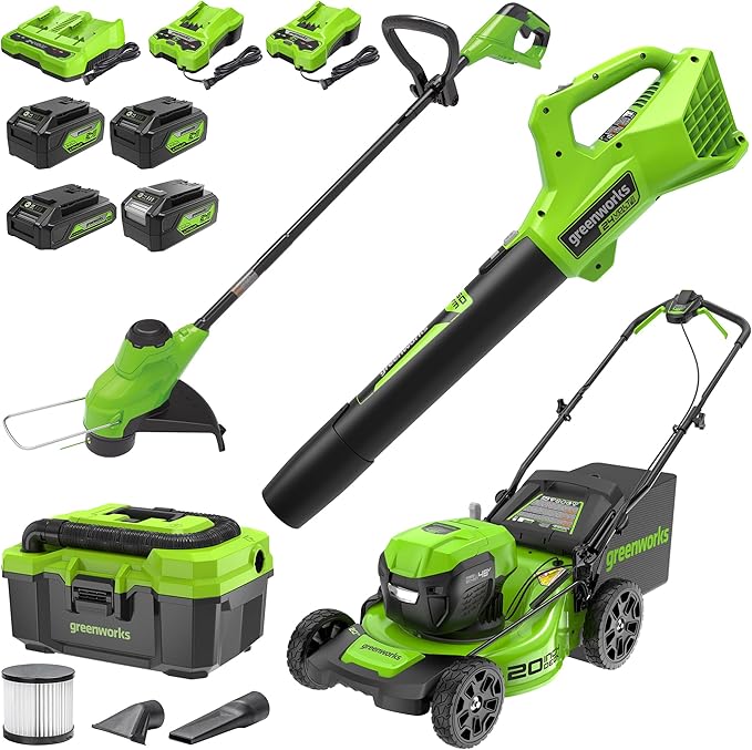 Greenworks 48V (2x24V) Lawn Mower Combo Kit with 20" Steel Deck, 12" String Trimmer, 320 CFM Blower, Wet/Dry Shop Vacuum – All-in-One Cordless Combo: Ideal for Home Yard Work & Indoor Cleaning