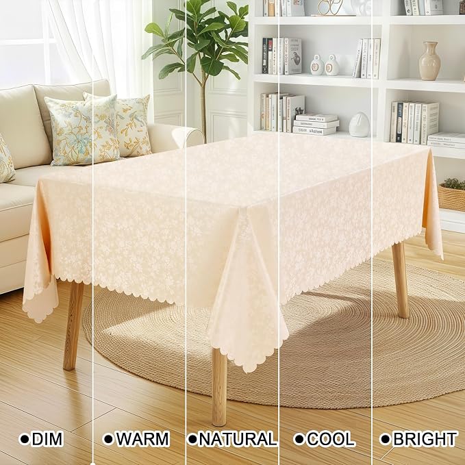 Smiry Rectangle Waterproof Heavy Duty Vinyl Tablecloths, 60 x 84 Inch | Wipeable Washable Floral Embossed Table Cover for Kitchen and Dining Room, Indoor & Outdoor Use, Beige