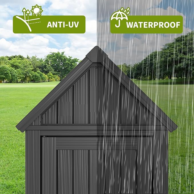 Outdoor Storage Shed – Durable Resin with Sloping Roof and Lockable Door, Waterproof Storage Cabinet with Ample Space, Multiple Hooks for Backyard, Garden, Patio & Lawn Black