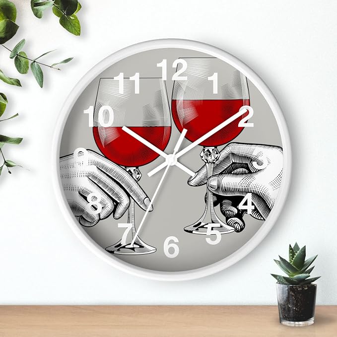 Mozingo ~ Wine Clock for Kitchen Bar Wall It's Wine O'clock Silent Time Gift Home Decor Made In USA, 10" (Hour Marks - Numbers, Clock Frame Color - White, Wine Theme #04)