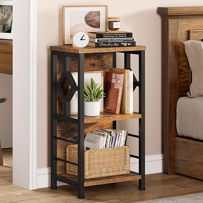 YITAHOME Small Bookshelf, 3 tier Farmhouse Bookshelf with Storage,Short Bookshelf for Small Spaces,Mini Shelf Stand,Open Bookcase for Bedroom Office Bathroom Living Room, Rustic Brown