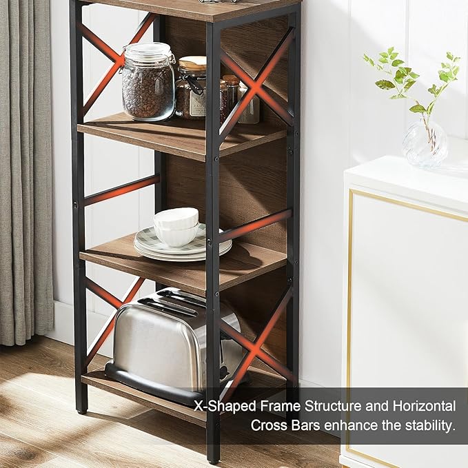 Bookcase, Industrial Small Bookshelf,4-Tier Narrow Bookcase Storage Organizer, Small Book Shelf for Small Spaces, Living Room, Bedroom and Home Office, Brown