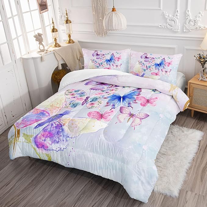 Datura home Watercolor Butterfly Comforter Bedding Set for Girls Kids Teens,Lightweight Colorful Floral Butterfly Printed Tie-dye with 2 Pillowcases(Watercolor Butterfly Queen),Butterfly Purple
