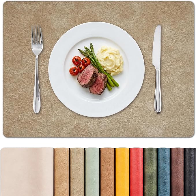 MOSAYT Vinyl Placemats Set of 8-12 X 17 Inch - Faux Leather 100% Waterproof Oil-Proof Wipeable PU Place Mats, Heat Resistant Reversible Table Mats for Kitchen, Dining, Outdoor, Apricot