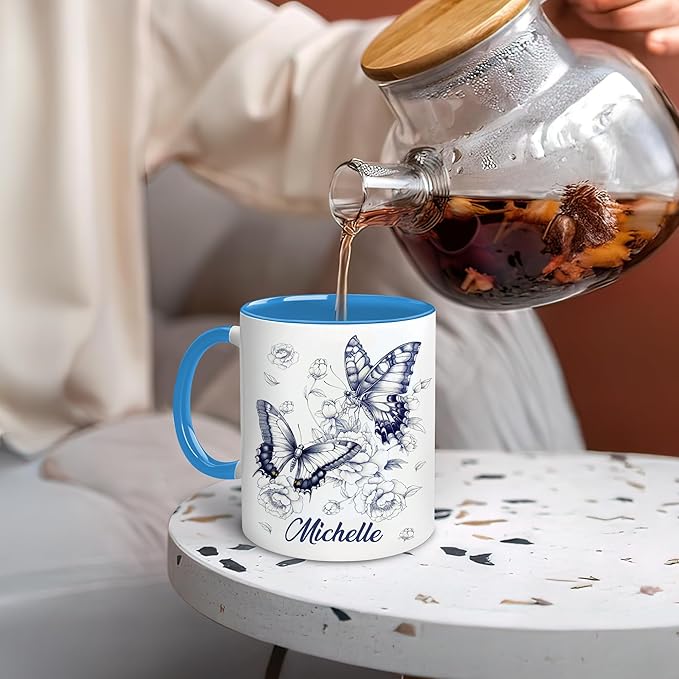Hyturtle Personalized Blue Butterfly Mug - Butterfly Gifts For Women Lovers - Animal Gift For Bird Lover Her - Bird Gifts For Mom on Mother Day - Custom Name Coffee Cup Ceramic Mug 11 Oz 15 Oz