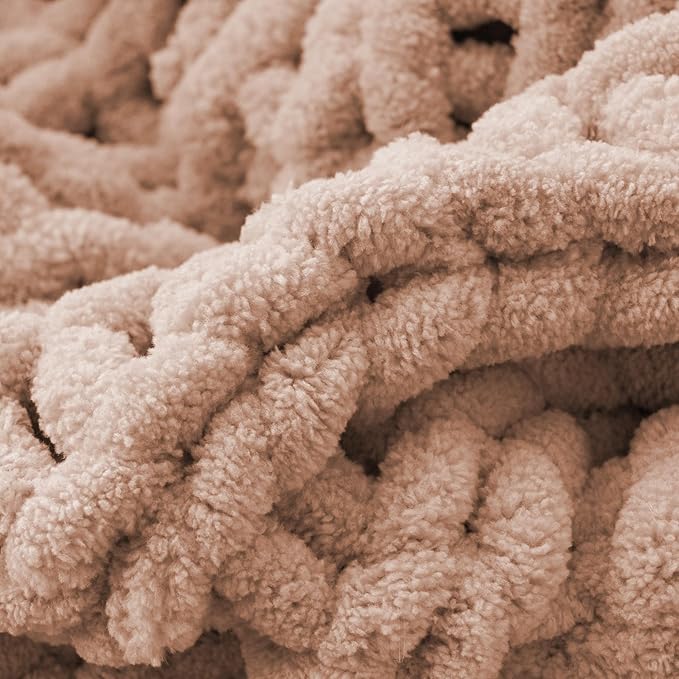 Battilo Chunky Knit Throw Blanket, Soft and Thick Chenille Throw Blanket, 50"x60" Handmade Cable Knit Crochet Blanket, Large Rope Knot Throw Blankets for Couch Sofa Bed Home Decor, Pink