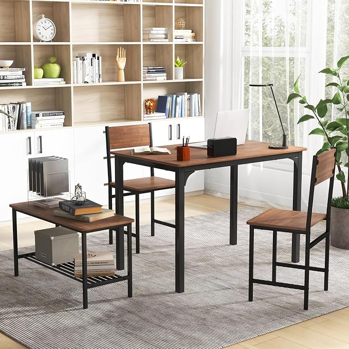 Giantex Dining Table Set for 4, 43" Kitchen Table and Chairs, Dining Bench with Metal Frame & Storage Rack, 4-Piece Modern Functional Desk Set for Dinette, Small Space, Apartment, Restaurant, Walnut