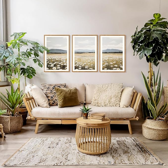 HPNIUB Flowers Wall Art Canvas White Daisy Floral Painting, Rustic Field Landscape Picture, Modern Framed Artwork for Living Room Bedroom Bathroom Dinning Room Office Home Decor Gifts-16 x24 x3
