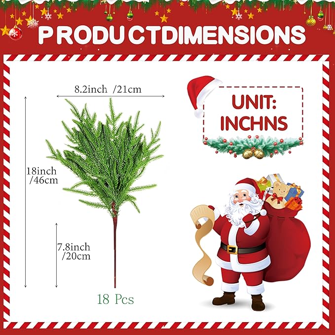 18Pcs Artificial Norfolk Pine Branches 18" Plastic Christmas Plants Decor Faux Greenery Stems Pine Picks Outdoor Faux Plants UV Resistant for Xmas Indoor, Front Porch Home Décor (18, 18inch)