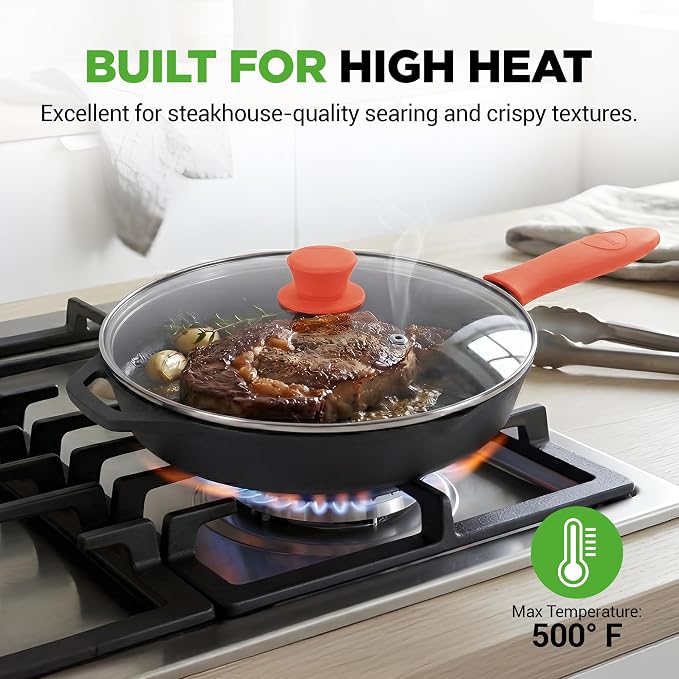 NutriChef 12-Inch Cast Iron Skillet w/Lid - Pre-Seasoned, Oven Safe, Nonstick, Cool-Touch Silicone Handle, For All Cooktops - NCCI12