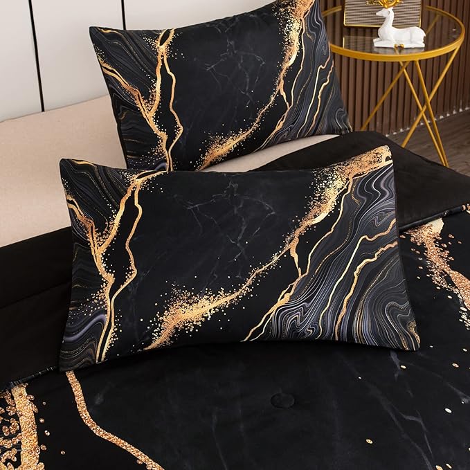Tailor Shop Marble Bedding Set Soft Microfiber Black and Gold Comforter Set Full Size for Kids Men and Women with 1 Marble Comforter and 2 Pillowcases……