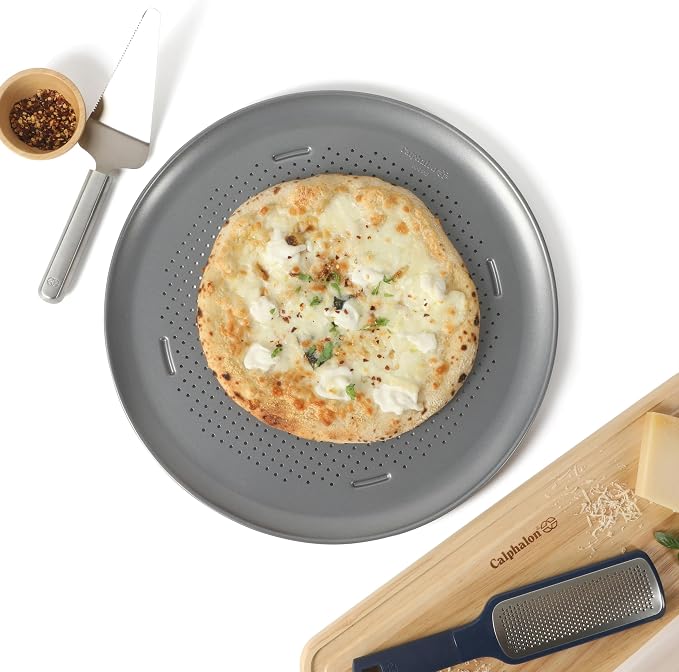 Calphalon Titan Steel Pizza Pan, 16-Inch Nonstick Pizza Pan For Oven, Pizza Baking Tray PFA Free, Heavy Duty Carbon Steel Bakeware for Even Heating, for Crisp Crust, Flatbreads, Baking