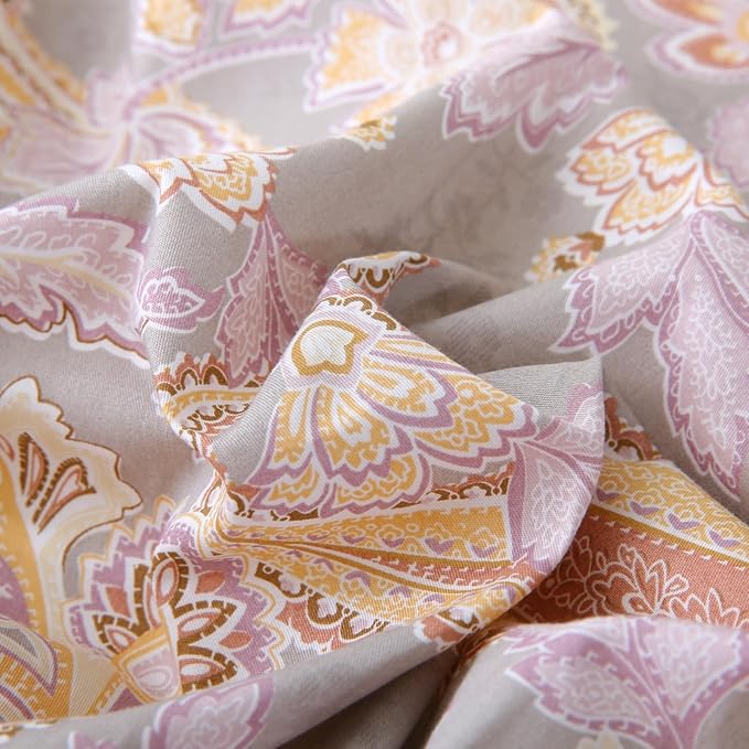 ABREEZE Paisley Bedding Sets 3Pcs Brushed Cotton Duvet Cover Set Queen Size Rustic Damask Gold Floral Comforter Cover with Zipper Closure Boho Bedding Collections