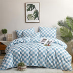 Wellboo Blue White Plaid Comforter Sets California King Women Men Light Blue and White Checkerboard Grid Bedding Comforters Cal King Cotton Dusty Blue Checkered Geometric Quilts Luxury Sky Blue Bed