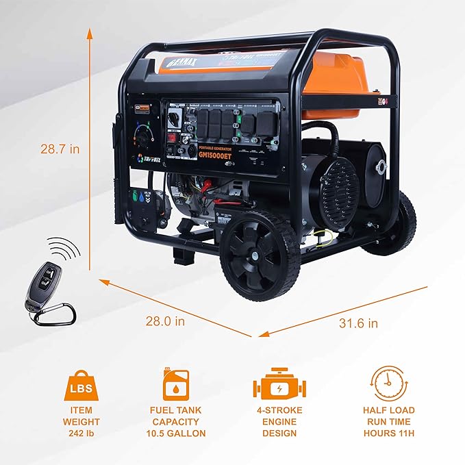 GENMAX 15000W Tri-Fuel Portable Generator - 2025 Model with ATS, CO Sensor, Digital Display & 50A Output Perfect for Home Backup, Construction Sites & Emergency Power (GM15000ET)
