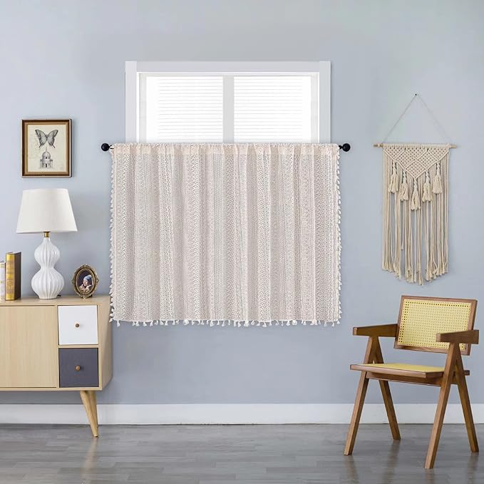 Sutuo Home Boho Sheer Curtain Valance Tier Crochet Lace with Bohemian Hollow Knitted Handmade Tassels, Short Farmhouse Window Treatment for Kitchen Cafe, Rod Pocket, 1 Panel 59" W x 36" L, Beige