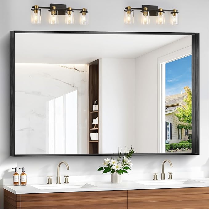 Black Bathroom Mirror, 36x48 Inch Rectangular Deep Frame Mirror, Large Wall Mounted Bathroom Vanity Mirror Over Sink for Bedroom,Restroom, Living Room, Hangs Vertically or Horizontally