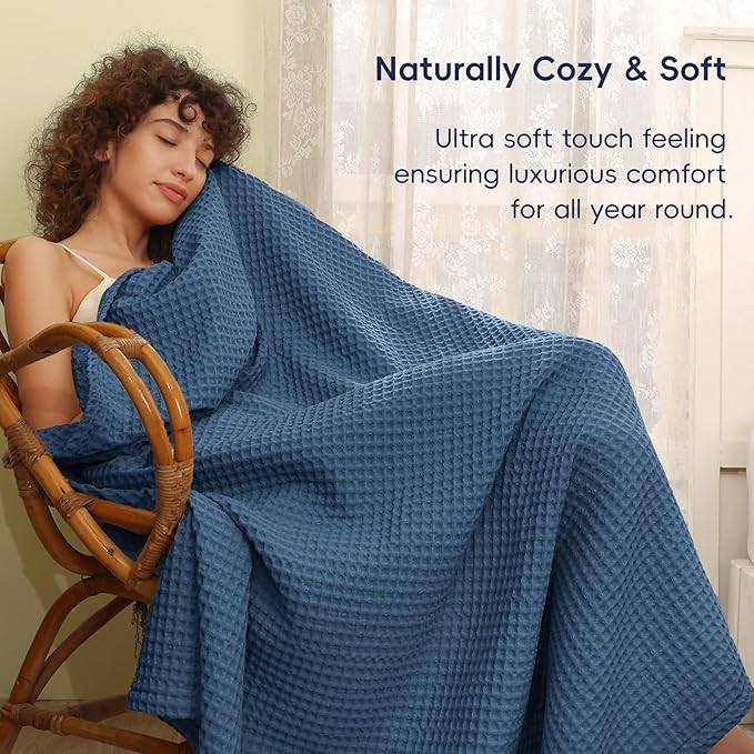 PHF Ultra Soft Waffle Weave Blanket King Size 104"x 90"- Washed Lightweight Breathablee Cozy Woven Blanket - Great for Couch Bed Sofa Home Car - Navy Blue