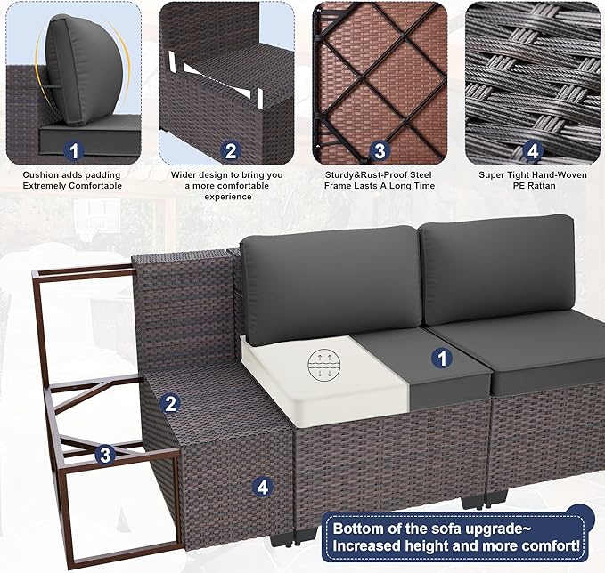 Patio Furniture Set 14-Pieces Outdoor Furniture for Backyard Wicker Sectional Sofa Set, Rattan Patio Conversation Set with Thickened Cushions and Glass Coffee Table, Grey