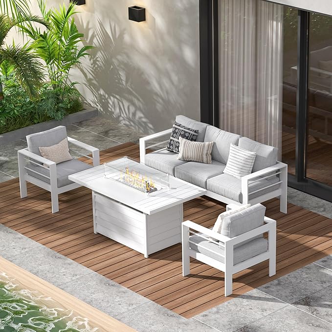 Wisteria Lane Aluminum Patio Furniture Set, 4 Pcs Metal Outdoor Furniture Set with CSA Certified 54in Propane Gas Fire Pit Table, Patio Conversation Set with 5in Olefin Cover Cushions, White