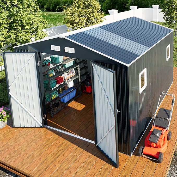 Metal Shed 10x10x7 FT, Enhance Your Space with Natural Lighting, Outdoor Storage Steel Sheds with Windows, Translucent Roofs, and Lockable Doors, Ideal for Garden & Patio