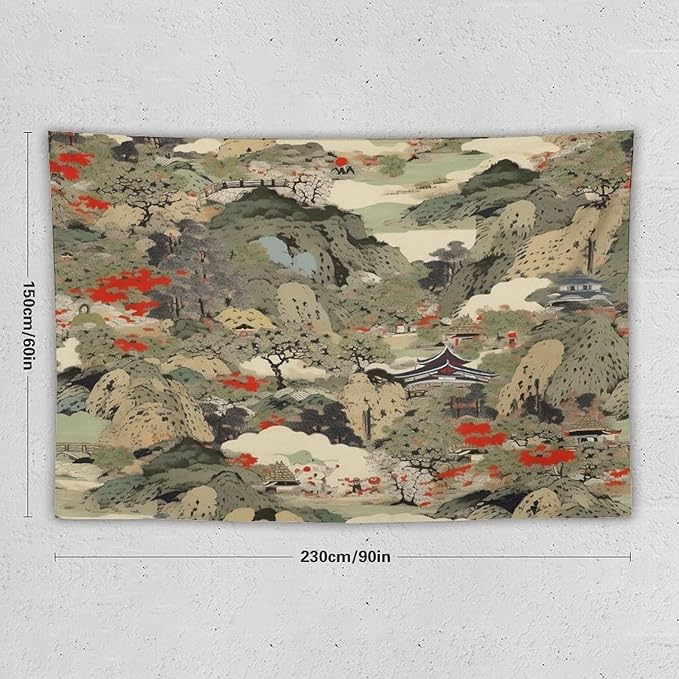 Asian Tapestry,Japanese Red Landscape Asian Watercolor Abstract Art Tapestry, Asian Japanese Wall Tapestry, Nature Landscape Tapestries for Bedroom Living Room Decor 90"x60"