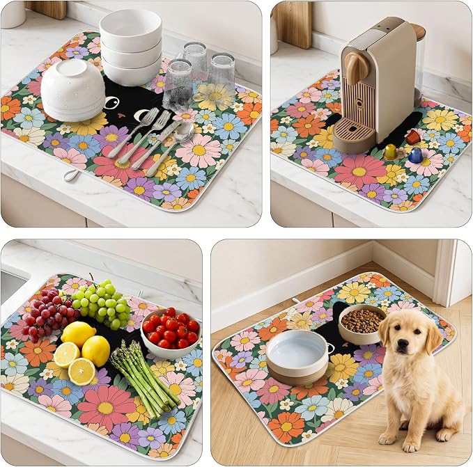 Black Cat Floral Dish Drying Mat for Kitchen Counter Coffee Bar 18x24 in | Non Slip Absorbent Kitchen Dishes Drainer Mat, with Anti-slip Rubber Backing & Hanging Loop, Decor for Sink, Cat Theme Gifts