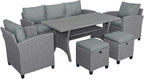 6 7 Pieces Patio Furniture Outdoor Sectional Sofa Conversation Set All Weather Wicker Rattan Couch Dining Table & Chair with Ottoman, Cc-Grey