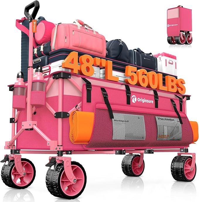 48" L Collapsible Wagon Cart Foldable, 560lbs Weight Capacity 300L Heavy Duty Folding Beach Wagons with Big All-Terrain Wheels, Utility Carts for Groceries, Shopping, Camping, Sports - Pink