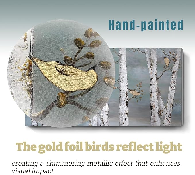 amatop Teal Wall Art 100% Hand-Painted Landscape Forest Oil Painting on Canvas Original Framed Artwork Gold Bird Birch Tree Artwork White Birch at Night for Living Room Bedroom Office Decor 32x16inch