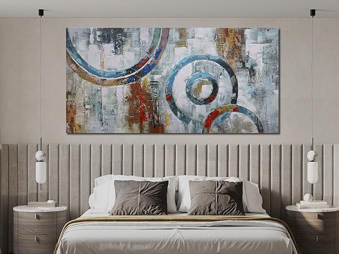 Arjun Abstract Wall Art Geometric Canvas Circle Block Painting Modern Grey Brown Picture Simple Textured Artwork Framed for Bedroom Living Room Home Office Wall Décor, Extra Large 58"x29"
