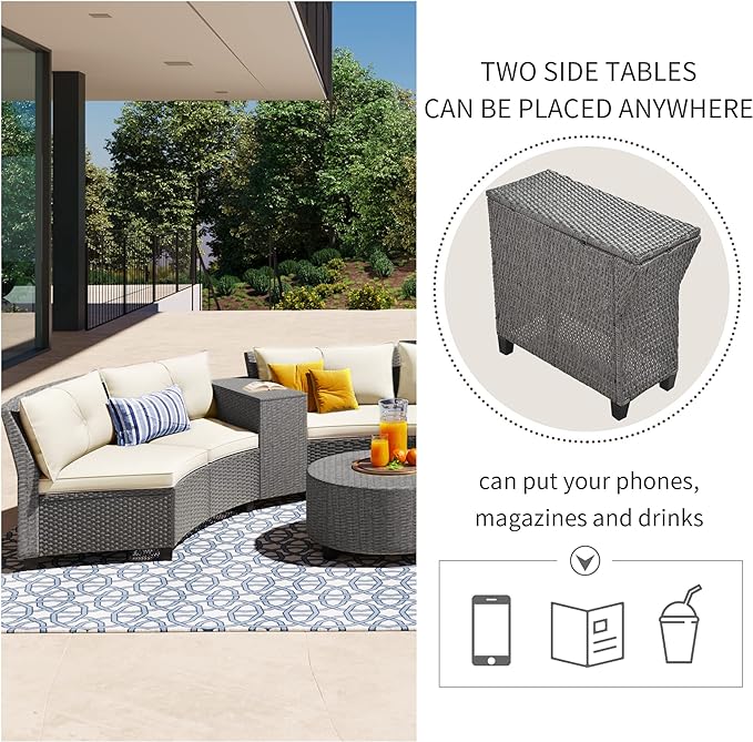 Outdoor 9 Pieces Patio Furniture Half Moon Wicker Sofa Sets, Fan-Shaped Curved Sectional Couch with Coffee Table&Beige Cushions, 1, Gray Rattan