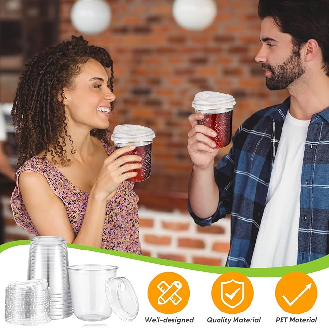Ziliny 50 Sets Clear Plastic Coffee Cups with Sip Lids, Disposable Plastic PET Crystal Cups for Iced Coffee, Smoothie, Cold Beverage, Drink Shops and Party Catering(Clear,14 oz)