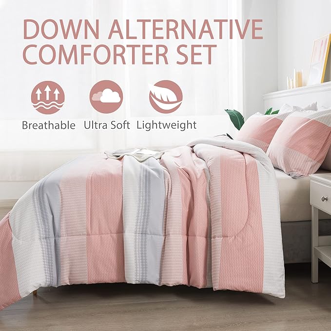 Andency Stripe Comforter Set Full Size (79x90 Inch), 3 Pieces Pink Patchwork Striped Comforter, Soft Microfiber Down Alternative Comforter Bedding Set with Corner Loops