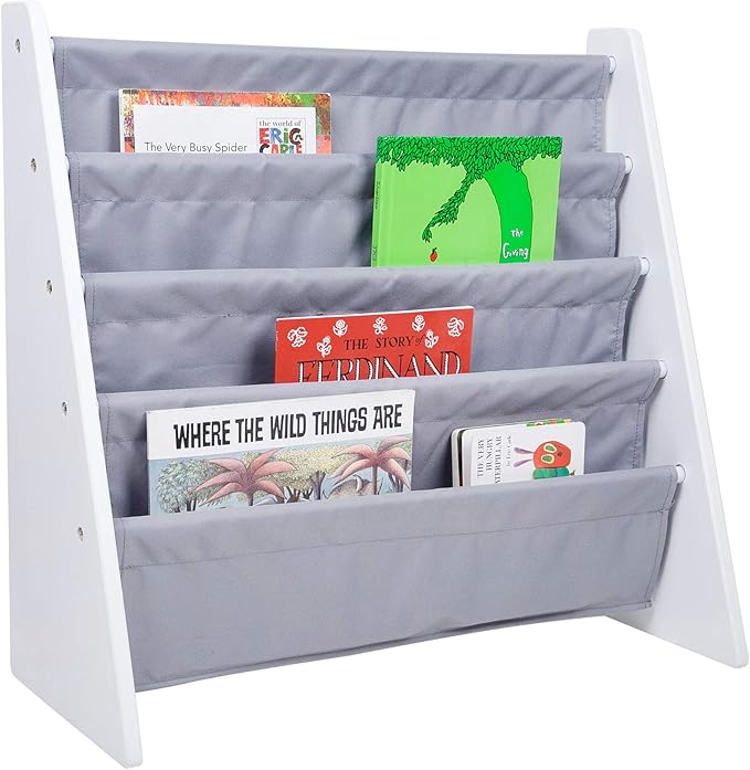 Wildkin Kids Canvas Sling Bookshelf for Boys and Girls, Wooden Design Features Four Fabric Shelves, Keep Bedrooms, Playrooms, and Classrooms Organized, Measures 25 x 24 x 11 Inches (White w/Gray)