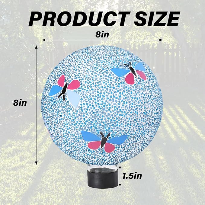 Gazing Ball 8 Inch Butterfly Glass Mosaic Garden Globe Outdoor Gazing Globe Yard Ornament for Garden Yard Home Lawn Outdoor Decoration Gift for Women (Not Solar Powered)
