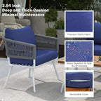 4-Piece Outdoor Patio Furniture Boho Rope Weave Set, Conversation Loveseat Sofa&Chairs with Acacia Wood Table and Thick Cushions, for Garden Backyard Balcony, Onesize, Navy Blue
