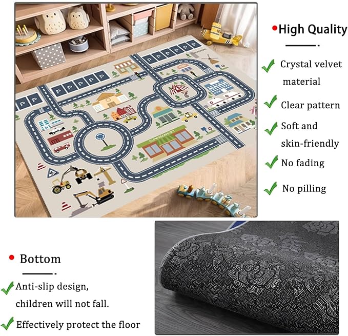 kid rug carpet playmat for toy cars and trains,road traffic kids play area rug,city Life town play Mat for Playroom Bedroom Boys,Children's Educational Fun Throw Rug with Rubber Backing 31X63IN