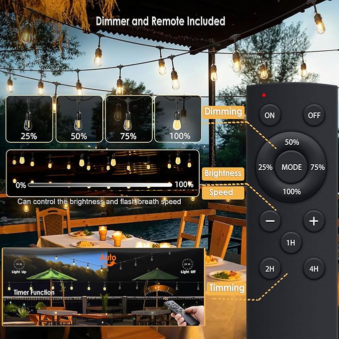 1-Pack 150 ft Outdoor String Lights with Remote Patio Lights Weatherproof, 45+3 Spare S14 Shatterproof Warm 2200K Bulbs, 3 Lighting Modes&Dimmable&Timer