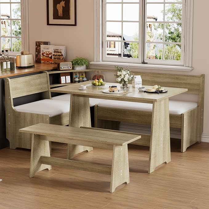 PAKASEPT Corner Breakfast Nook Table Set Kitchen Bench with Soft Cushion | Farmhouse Wood Dining Set,Reversible L-Shaped Corner Bench,Lift-Top Hidden Storage,Soft Padded Cushions,Space-Saving Design